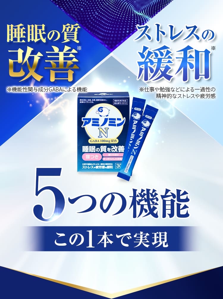 睡眠の質改善・ストレスの 緩・アミノミン5つの機能この1本で実現 