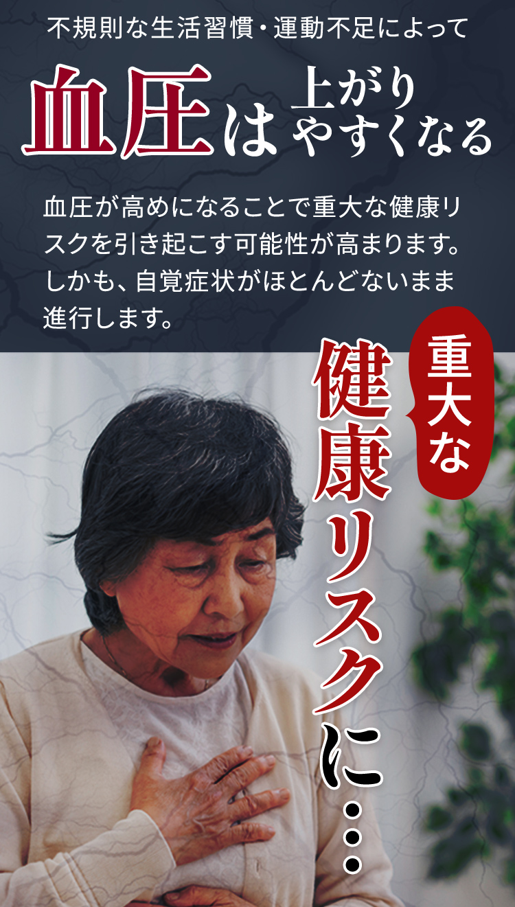 さらに、不規則な生活習慣・運動不足によって血圧は上がりやすくなる、血圧が高めになることで重大な健康リスクを引き起こす可能性が高まります。しかも、自覚症状がほとんどないまま進行します