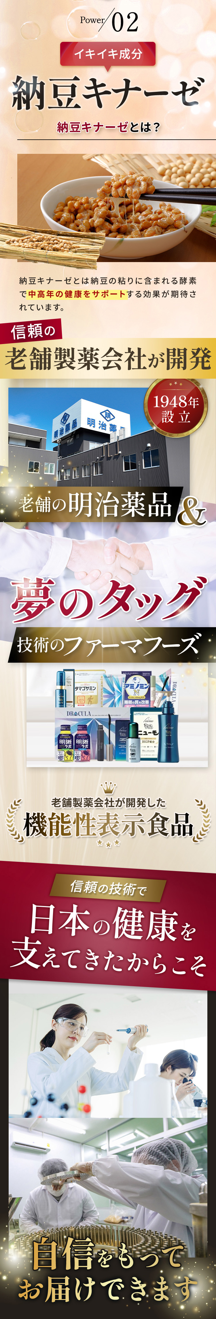Power02 イキイキ成分納豆キナーゼ。納豆キナーゼとは納豆の粘りに含まれる酵素で中高年の健康をサポートする効果が期待されています。老舗の明治薬品と夢のタッグ。技術のファーマフーズ。老舗製薬薬会社が開発した機能性表示食品。信頼の技術で日本の健康を支えてきたからこそ自信をもってお届けできます。