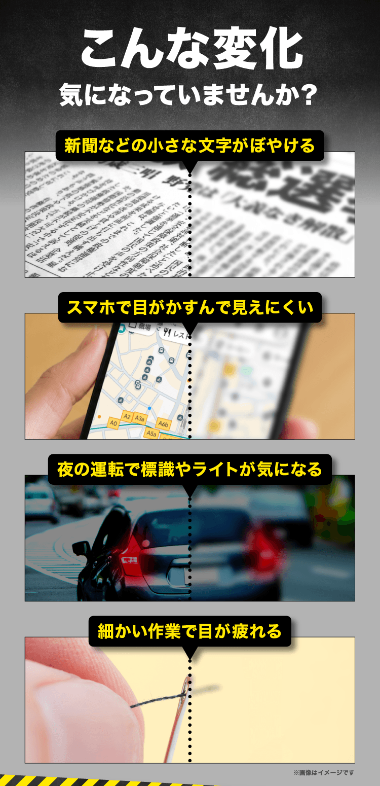 こんな変化気になっていませんか？新聞などの小さな文字がぼやける。スマホで目がかすんで見えにくい。夜の運転で標識やライトが気になる。細かい作業で目が疲れる。